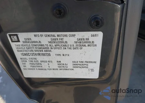 2001 Chevrolet Tahoe Ls z USA, uszkodzony, nr VIN 1GNEC13T41R189720